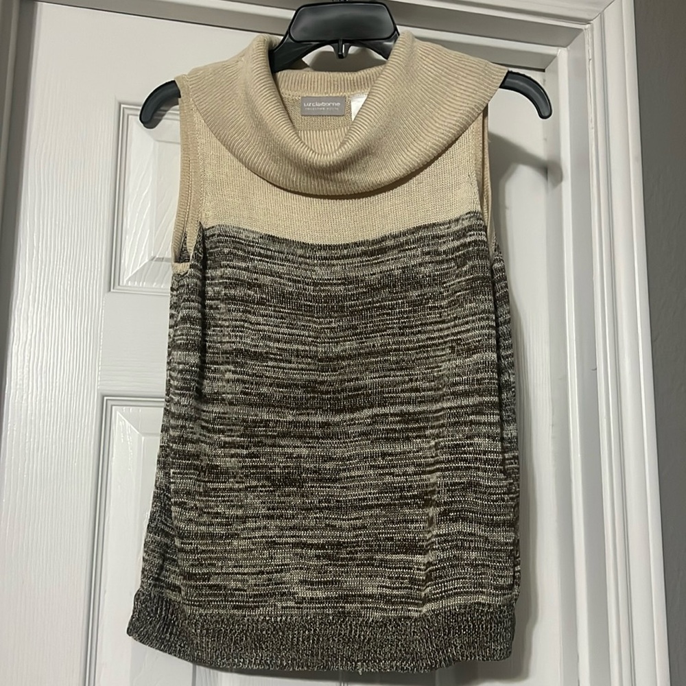 Sz Petite S Liz Claiborne cream/brown sleeveless cowl neck sweater
